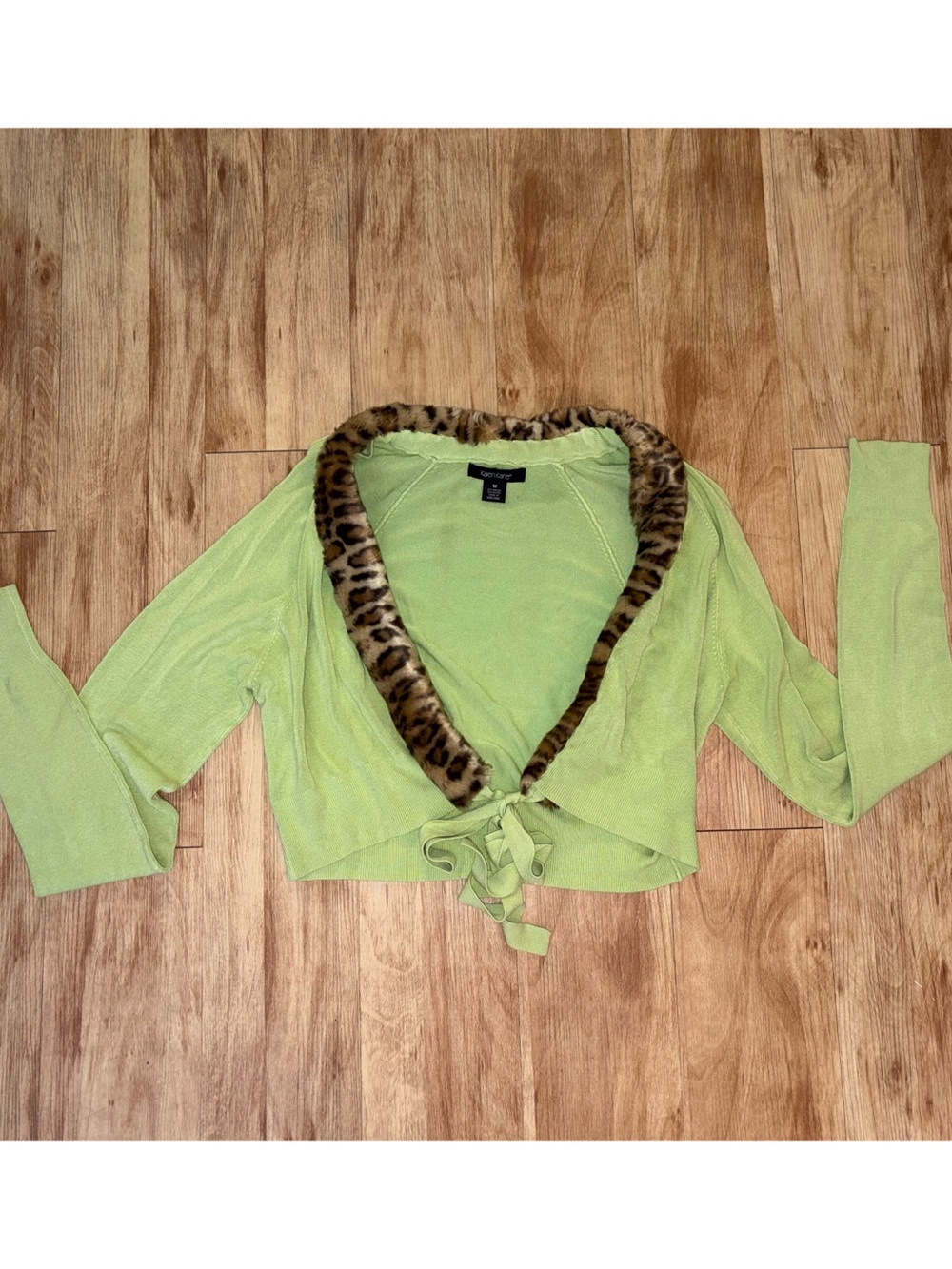 Karen Kane Lime Green Cropped Tie-Front Sweater with Leopard Faux Fur Collar